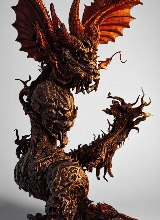 Image similar to high intricate sculpture of a baroque hellfire demon made of porclain, studio light, maria panfilova, andrea savchenko, mike kime, ludovic plouffe, qi sheng luo, oliver cook, trending on artstation