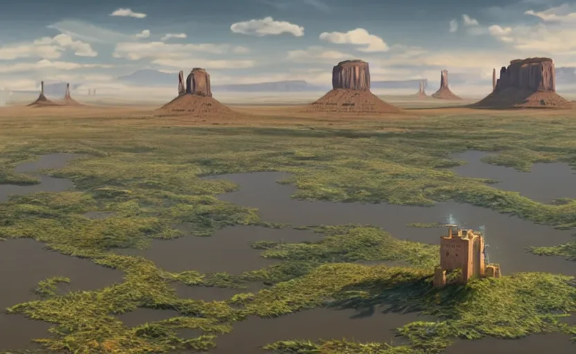 Image similar to a hyperrealist cell - shaded cartoon movie still from howl's moving castle ( 2 0 0 4 ) of a huge gyrocopter in a flooded monument valley. stonehenge is seen in the background with shafts of sunlight from above. very dull muted colors, hd, 4 k, hq