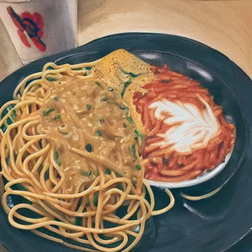 Prompt: “ ke $ ha eating spaghetti at a starbucks, detailed, realistic ”