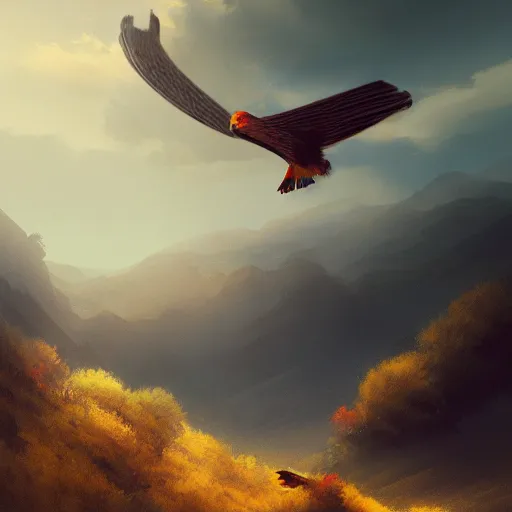 Image similar to milano bird, milvus milvus, kite, flying in avila mountains, 4 k, concept art, by wlop, ilya kuvshinov, artgerm, krenz cushart, greg rutkowski, pixiv. cinematic dramatic atmosphere, sharp focus, volumetric lighting, cinematic lighting, studio quality