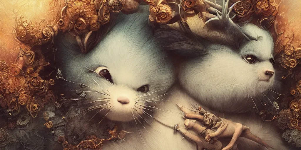 Image similar to a cute strange animal illustrated by miyazaki by karol bak, james jean, tom bagshaw, rococo, sharp focus, trending on artstation, cinematic lighting, hyper realism, octane render, 8 k, hyper detailed, vivid, ultra detailed, highly detailed