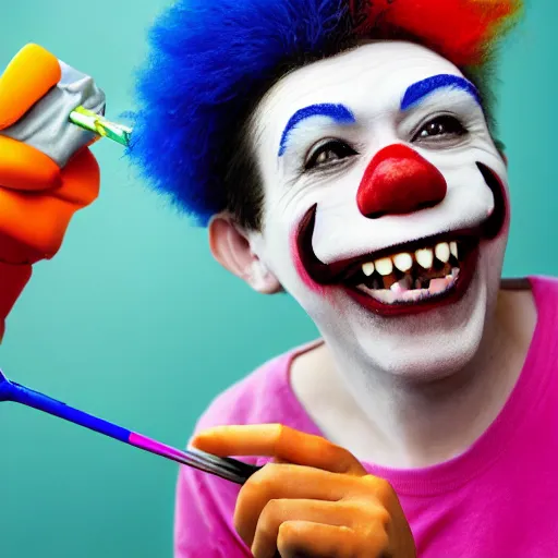 Image similar to a photo of a monkey dentist with clown paint, sidelit