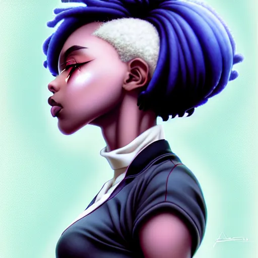 Image similar to portrait of a black anime manga girl, french bob hair, white hair, by artgerm, james jean, tom bagshaw, gerald brom, vaporwave colors, lofi colors, vaporwave, lofi, goth vibe, 4 k, smooth, hd, substance designer render, full body character concept art, symmetrical, 2 point lighting,