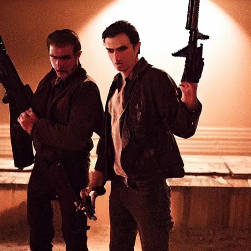 Prompt: Still from Vampires Holding Guns 2: Vampires Holding Rifles, well lit, high budget, poor quality, awful movie, heavily downvoted