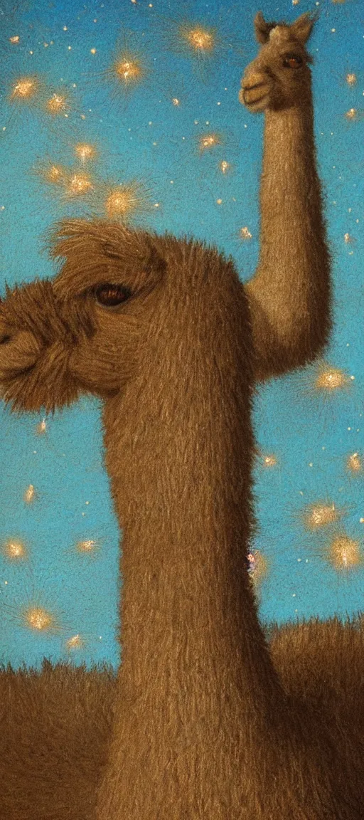 Image similar to detailed renaissance oil painting of an alpaca shaped building standing in the desert of pastel feathers lit by small fireflies at night