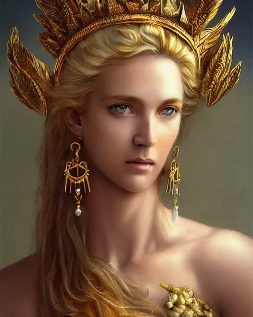Prompt: pencil drawing of a beautiful greek goddess aphrodite wearing gold leaf crown and arrowhead earrings, beautiful piercing eyes with sexy look, beautiful blonde hair, hyper realistic face, in the style of greg rutkowski, fantasy, amazing detail, epic, elegant, smooth, sharp focus, from the front