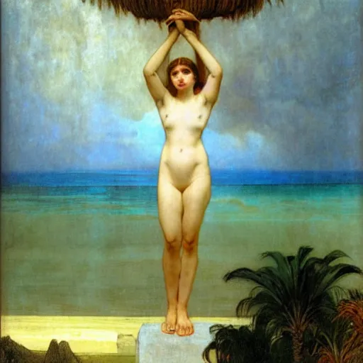 Image similar to Demon girl at the giant column, thunderstorm, greek pool, beach and palm trees on the background major arcana sky, by paul delaroche, alphonse mucha and arnold böcklin arnold böcklin hyperrealistic 8k, very detailed