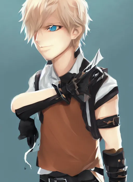 Prompt: a blonde boy thief with a metal armband in the style of krenz cushart