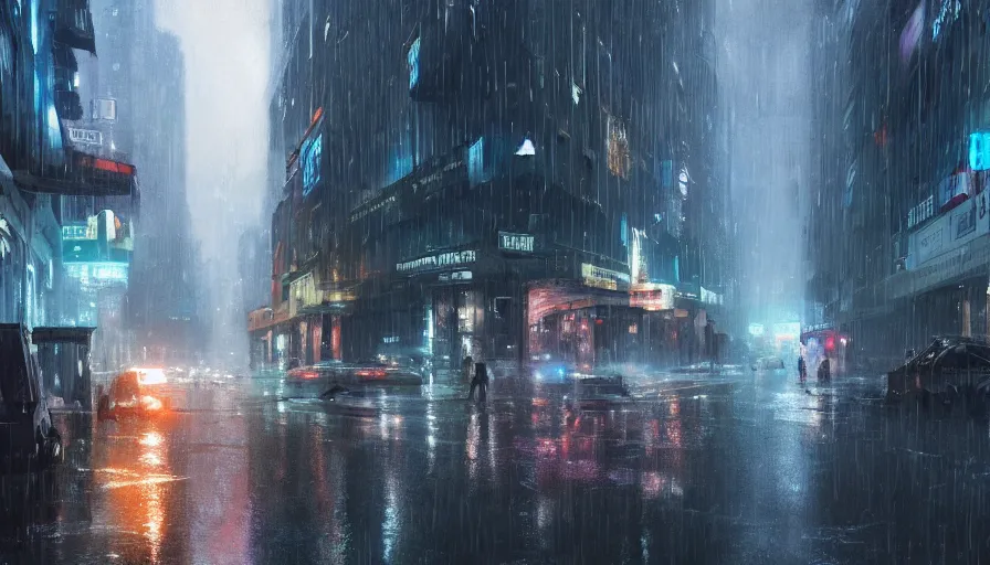 Image similar to city street of distant future 3 0 th century in early evening by laser lights during rain, shadows, reflections, epic composition, intricate, elegant, volumetric lighting, digital painting, highly detailed, artstation, sharp focus, illustration, concept art, ruan jia, steve mccurry