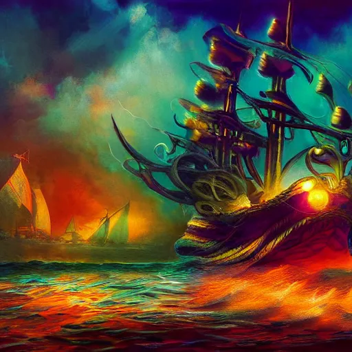 Prompt: mystical ship with kraken pulling it underwater, beautiful composition, wide angle, colorful, cinematic, volumetric lighting, intricate details painting