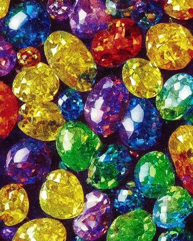 Prompt: “extreme close up print of tiny multi-colored gemstones by Raphael, Hopper, and Rene Magritte. Achingly beautiful, detailed, enchanting, romantic.”