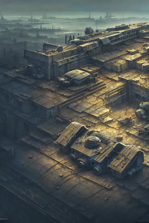 Image similar to a highly detailed matte painting of a post - apocalyptic dieselpunk military base aerial view, by studio ghibli, makoto shinkai, by artgerm, by wlop, by greg rutkowski, volumetric lighting, octane render, 4 k resolution, trending on artstation, masterpiece