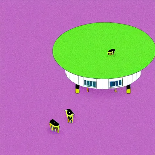 Image similar to cows being abducted by ufo in summer night from pasture. aerial view with blank billboard, minimalism, precisionist in style of patrick nagel, purple and green gamma with pink contrast