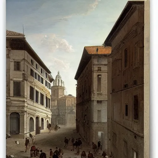 Prompt: the view down a street, buildings in rome by martinus rørbye