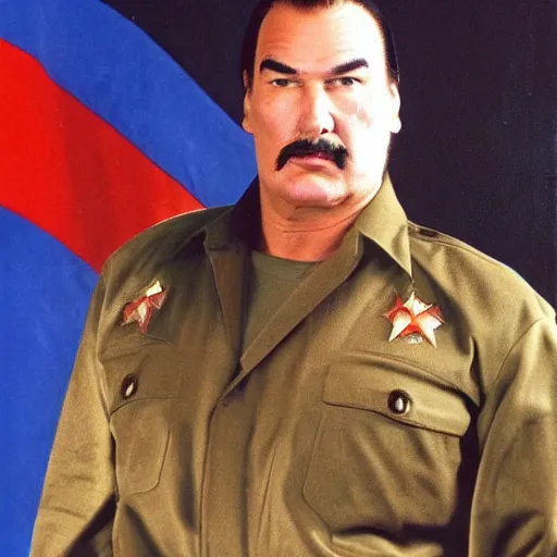 Image similar to Steven Seagal dressed as a soviet commander, realistic portrait.