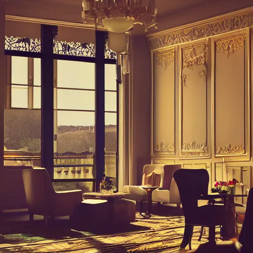 Image similar to luxury interior of a victorian hotel volumetric light morning cinematic photo,