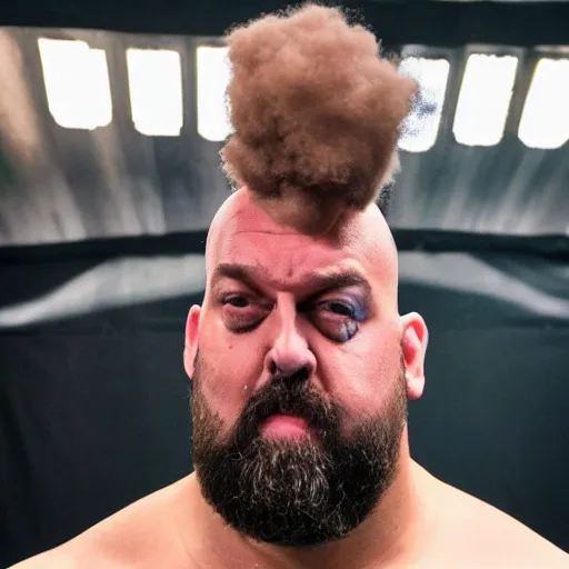 Image similar to the big show wrestler smoking a vape pen, locker room in background, gritty,