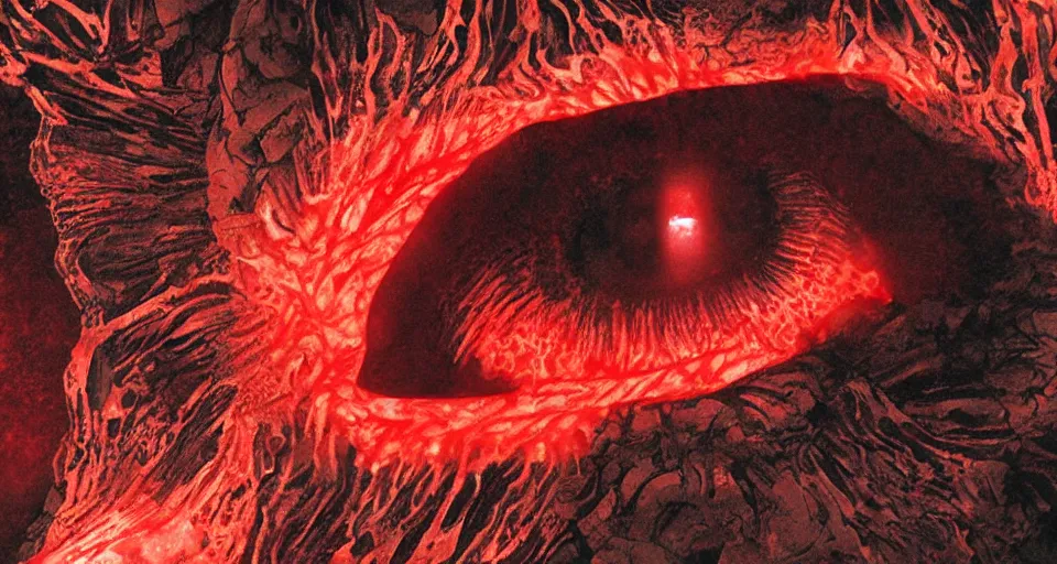 Image similar to a volcano made of ivory vines and crimson rocks enters in eruption, it spits a smoke in the shape of demonic eye, by Hajime Isayama