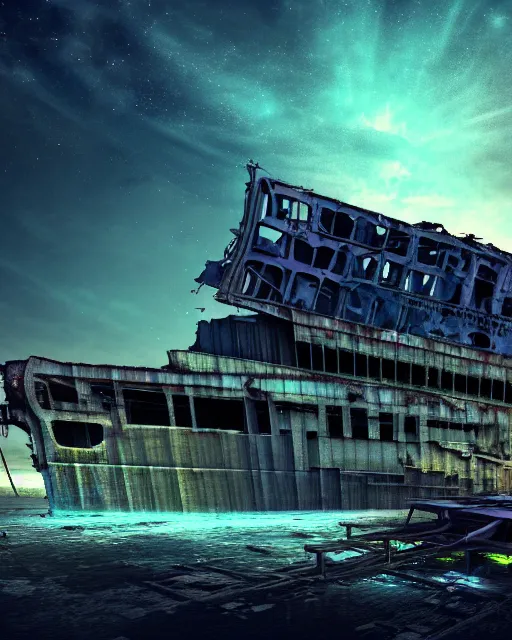 Image similar to a beautiful hyperdetailed render of shipwreck industrial architecture urbex by gordon bunshaft, at night synthwave tundra thermal vision nightsky galactic evil wilderness lake alien sci - fi futuristic gem dramatic lightning retrowave, archdaily, wallpaper, highly detailed, trending on artstation.