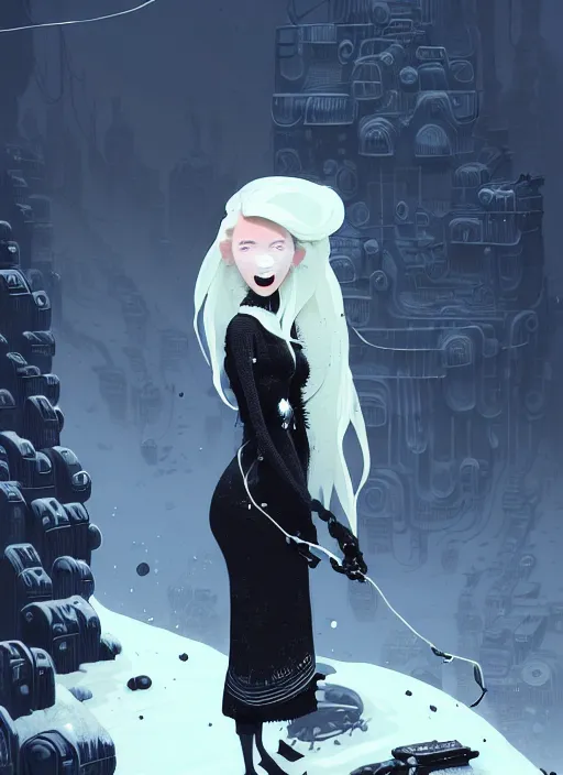 Image similar to highly detailed portrait of a giddy frostpunk long blonde hair lady with short form fitting black dress, stray wiring by atey ghailan, james gilleard, by joe fenton, by greg rutkowski, by greg tocchini, by kaethe butcher, 4 k resolution, gradient blue, black and white color scheme!!! ( ( glaciated robotic dystopian city background ) )