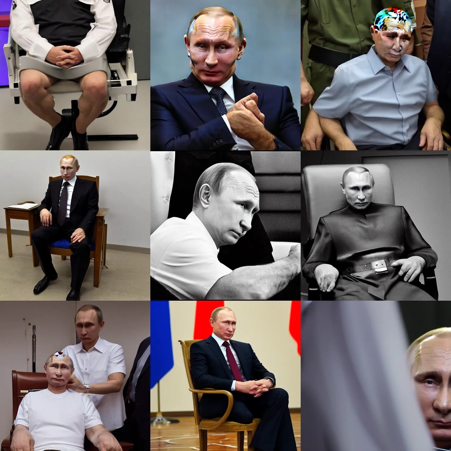 Prompt: medium shot photo of vladimir putin in electric chair ready to be executed, 4 k, ultra hd