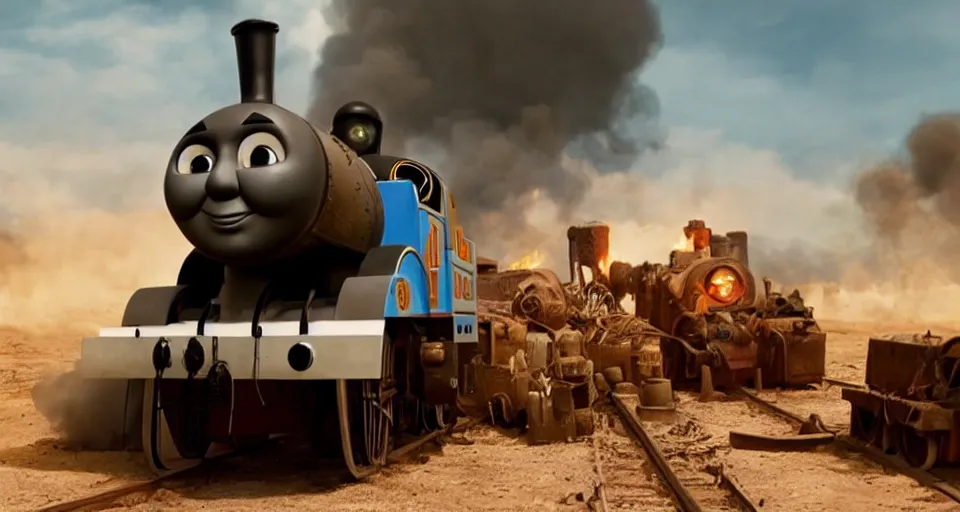 Image similar to Thomas the Tank Engine in the fiery wasteland of MAD MAX: FURY ROAD