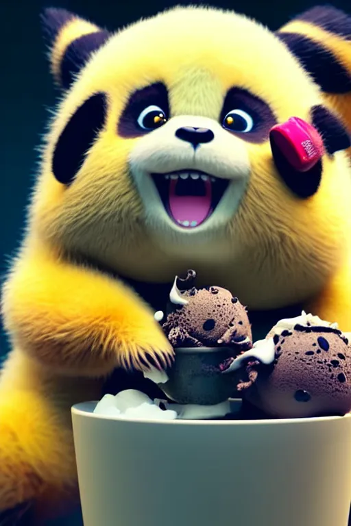 Image similar to high quality 3 d render hyperrealist very cute creepy happy panda & dragon hybrid eating ice cream, vray smooth, in the style of detective pikachu, very dramatic light, low angle, uhd 8 k, shallow depth or field