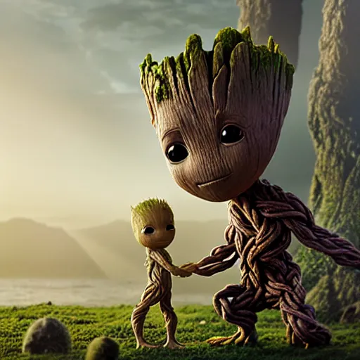 Image similar to photo realistic image of a baby groot giving baby yoga a piggyback ride, stunning 3 d render inspired art by istvan sandorfi and greg rutkowski, perfect facial symmetry, realistic, highly detailed attributes and atmosphere, dim volumetric cinematic lighting,