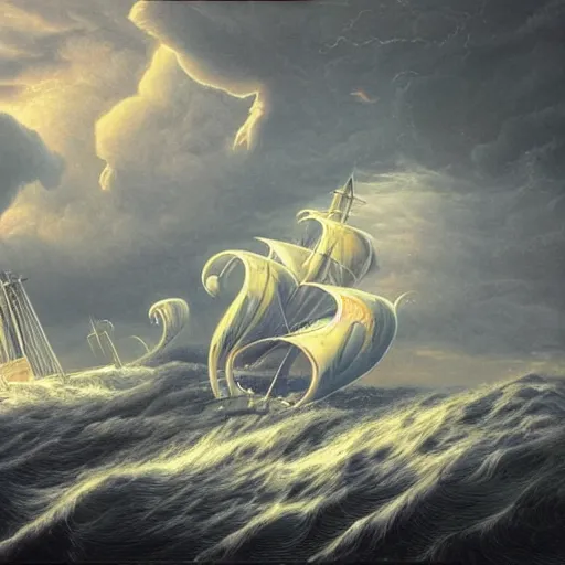 Image similar to a highly detailed hyperrealistic scene of a ship being attacked by giant squid tentacles, jellyfish, squid attack, dark, voluminous clouds, thunder, stormy seas, pirate ship, dark, high contrast, fiery galaxy, nomadic