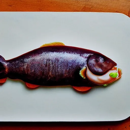 Prompt: realistic painting of a fish transforming into a sausage, presentation on a plate, mid - transform