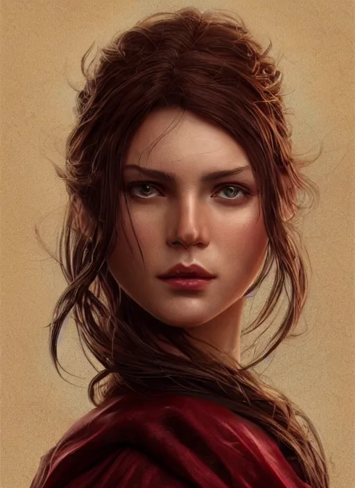 Image similar to vertical portrait of a ruggedly handsome female cleric, soft hair, close - up face, leather, witchy, d & d, fantasy, intricate, elegant, highly detailed, digital painting, artstation, concept art, smooth, sharp focus, illustration, art by artgerm and greg rutkowski and alphonse mucha, plain red background