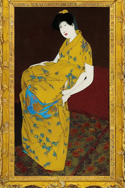 Image similar to an asian woman emerges from yellow wallpaper decorated with sensual feminine faces by charles walter stetson