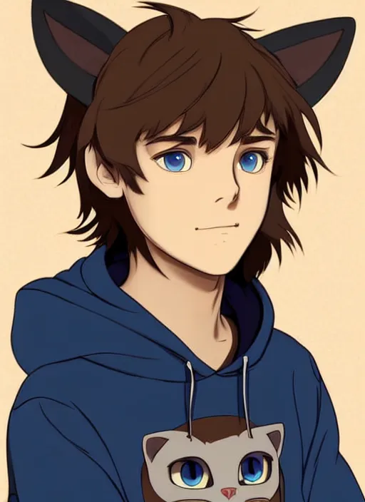 Image similar to teen boy with brown hair and big blue eyes, wearing a black hoodie with cat ears on top of it, natural lighting, path traced, highly detailed, high quality, cartoon, digital painting, by don bluth and ross tran and studio ghibli and alphonse mucha