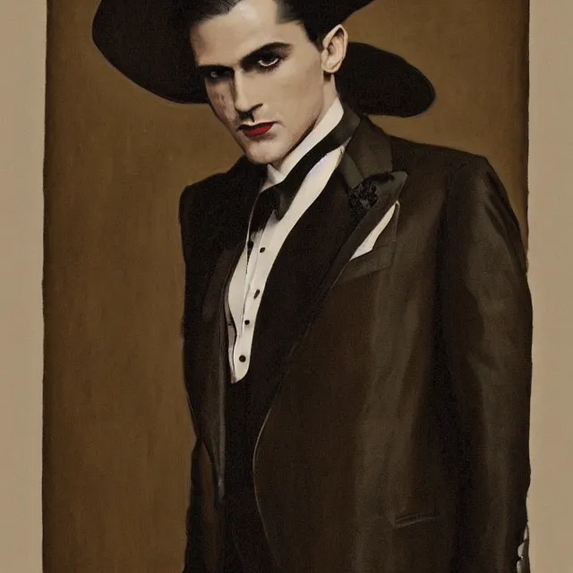 Prompt: photorealistic sepia kodachrome portrait of a 1 9 2 0 s era male magician, well dressed, long - tailed tuxedo coat, atmospheric lighting, dark, brooding, painted, intricate, ultra detailed, well composed, best on artstation, cgsociety, epic, stunning, gorgeous, intricate detail, much wow, masterpiece