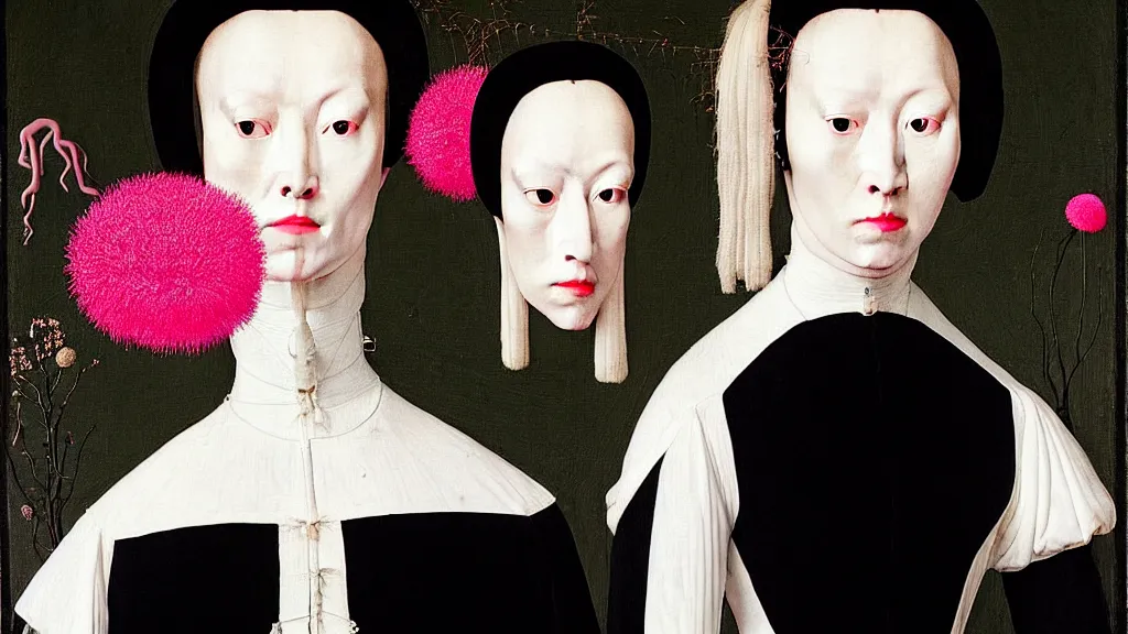 Prompt: symmetrical portrait of a woman with pink frizzy hair, wearing a embroidered black mask and a high collar black dress by alexander mcqueen, standing in a botanical garden, bjork aesthetic, masterpiece, cyberpunk, in the style of rogier van der weyden and jacopo da pontormo, masterpiece, asian art