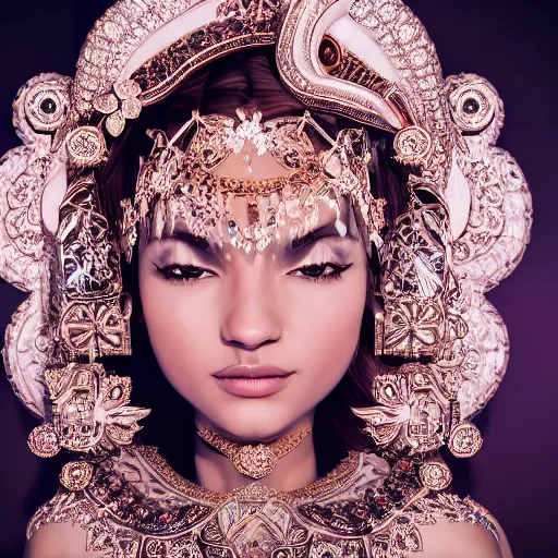 Image similar to portrait of pretty princess with perfect skin, glowing, ornate and intricate diamond jewelry, jaw dropping beauty, ornate and intricate backdrop, white accent lighting, hyper detailed, 4 k octane render