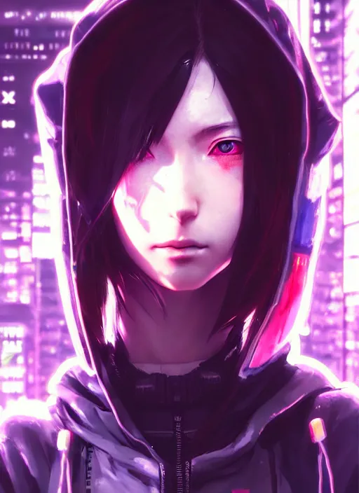 Image similar to cyberpunk anime girl in hoodie, realistic face, beautiful face, grafity, neonpunk, alita, arcane, action, tokyo street, detail, good face, pose model, concept art, in style of yoji shinkawa, pan ren wei, col price, atey ghailan, by greg rutkowski, aesthetic