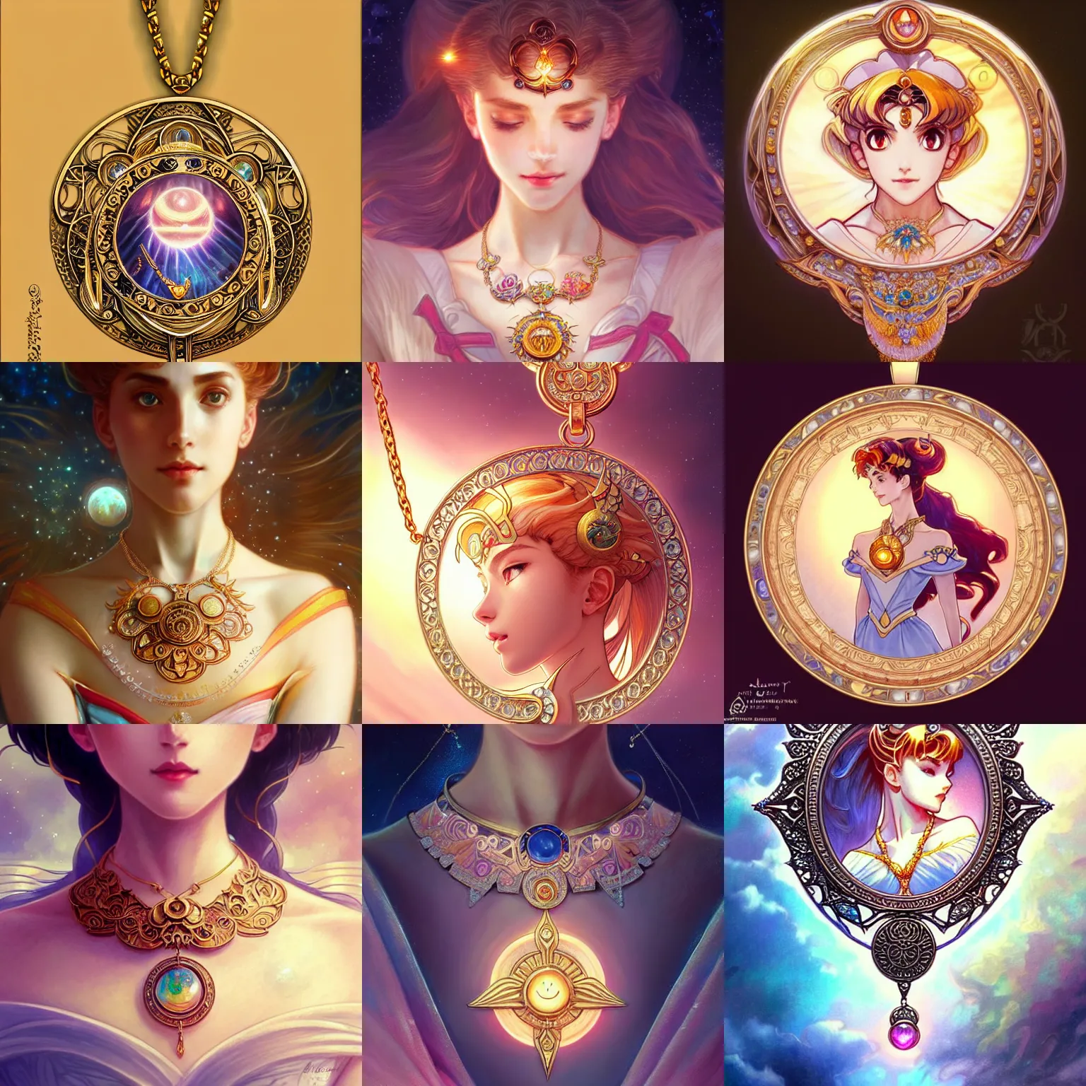 Image similar to a beautiful detailed necklace with a sun, sailor moon aesthetic, fantasy, intricate, elegant, highly detailed, digital painting, artstation, concept art, matte, sharp focus, illustration, art by Artgerm and Greg Rutkowski and Alphonse Mucha