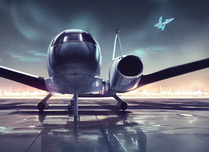 Prompt: futuristic sci fi jet plane arrives at runway of cyberpunk airport at night ,cinematic lighting, realistic photo , concept art