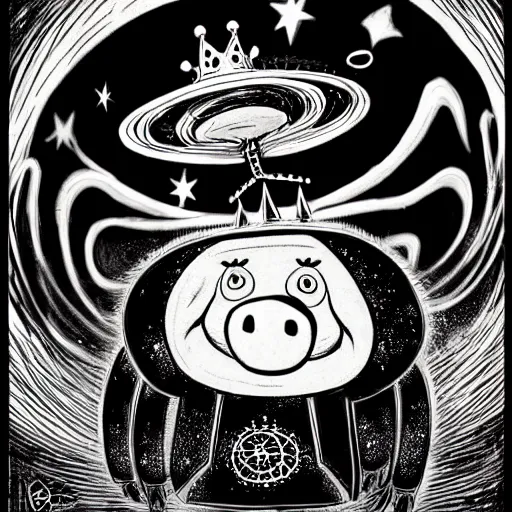 Image similar to black and white trippy comic art of a pig wearing a gold crown abducted by ufo, lots of particles, drawn by Martin Rowson, Tim Burton, Studio Ghibli, Alex Pardee, Nekro Petros Afshar, James McDermott, cgsociety 4K