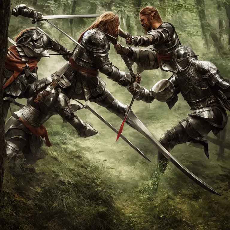 Image similar to two knights fighting with swords in forest, highly detailed, smooth, sharp focus, portrait, concept art, intricate details, fantasy poster, dark athmosphere, 8 k. lifelike. nikon d 8 5 0