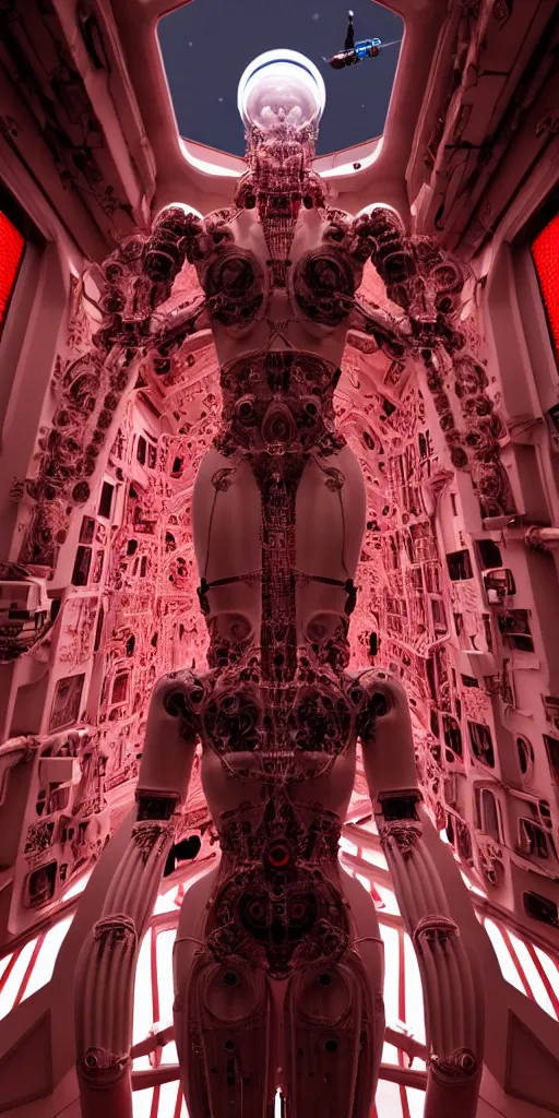 Image similar to high detailed space station interior a statue jesus on cross made of red marble, perfect symmetrical body, full body shot, inflateble shapes, wires, tubes, veins, jellyfish, white biomechanical details, wearing epic bionic cyborg implants, masterpiece, intricate, biopunk, vogue, highly detailed, artstation, concept art, cyberpunk, octane render