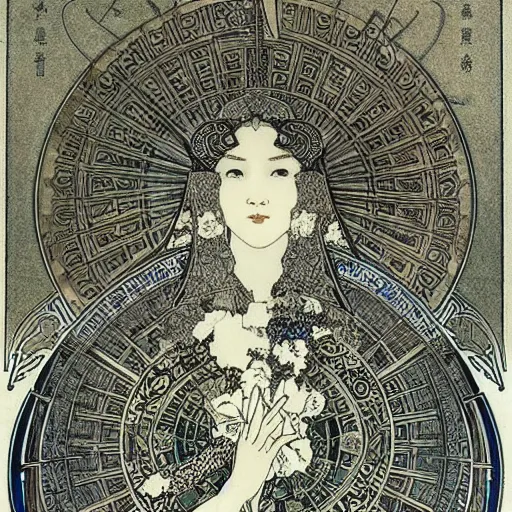 Prompt: a detailed etching of i - ching hexagram 1 qian the creative, by alphonse mucha, rodolphe bresdin and harry clarke, art nouveau, highly detailed