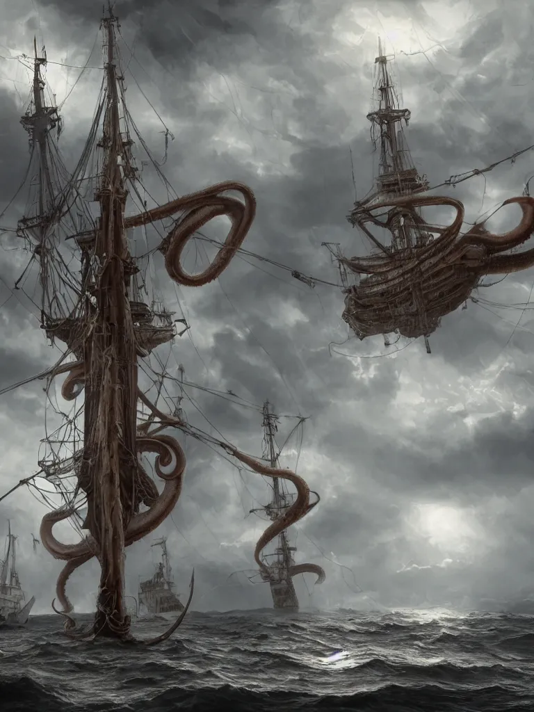 Image similar to a hyperrealist photography of a giant kraken squid with tentacles pulling down an ancient wooden schooner sea vessel with big sails, dramatic lighting, sun through clouds, cinematic, highly detailed, sharp focus, intricate concept art, digital painting, ambient lighting, 4 k, artstation