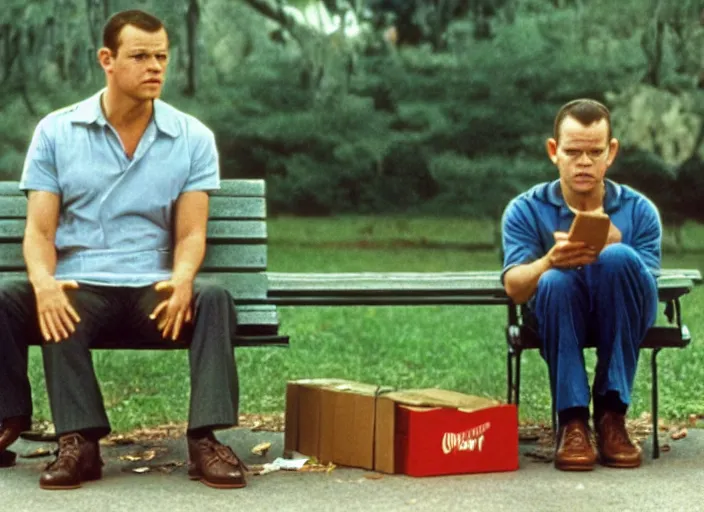 Image similar to film still of matt damon as forrest gump sitting on a bench with a box of chocolates in forrest gump, 4 k