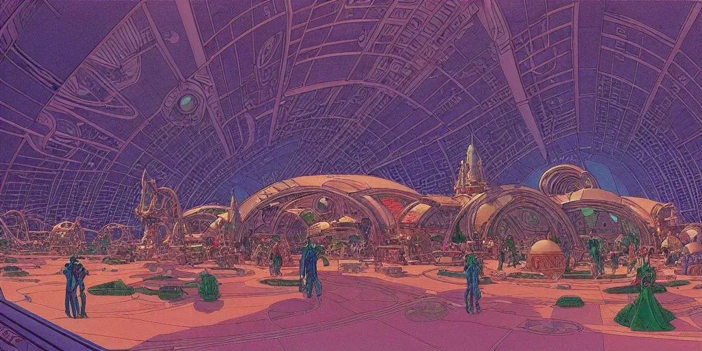 Image similar to cel shaded cinematic shot of the interior of a sci-fi space station with ornate Elven architecture bustling with people, epic castle, emerald, crystalline, detailed illustration, sharp focus, crisp lines, art by Moebius, Jean Giraud Moebius comic illustration