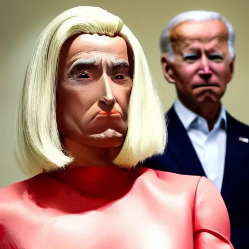 Image similar to alien, gray alien, wearing a blond wig and a red dress and ((Joe Biden)) at a press conference, photograph, highly detailed, 4K