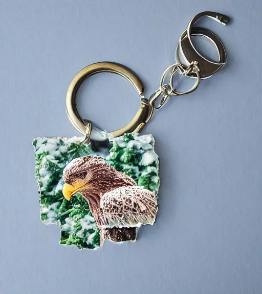 Image similar to realistic keychain of 'an eagle in the nest of a snowy pine tree'