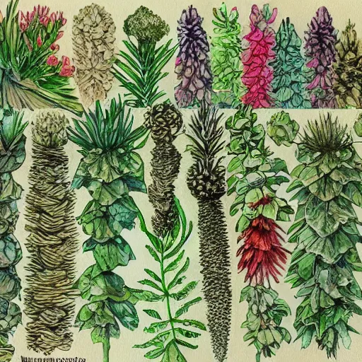 Prompt: delicate garden on paper floating puffy vines botanical herbarium botanic watercolors iridescent 8 k wide angle realistic artstation italian rainbow colonnade oak pinecone architecture pompeii