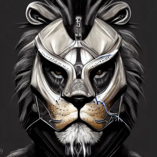 Prompt: Very very very very highly detailed epic zoom out photo of full face with lion robber venetian mask, intricate, dystopian, sci-fi, extremely detailed, digital painting, artstation, concept art, smooth, sharp focus, illustration, intimidating lighting, incredible art by Artgerm and Vincent di Fate